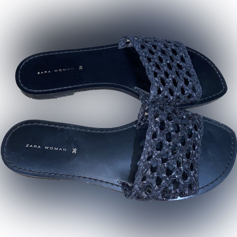 Zara Blue Collection Braided Woven Flat Slide Sandals Black Size EU 36